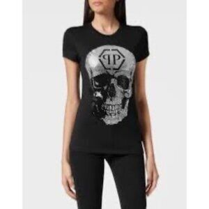 Philipp Plein Women's Embellished Rhinestone Sz M Black T-shirt Made in Italy